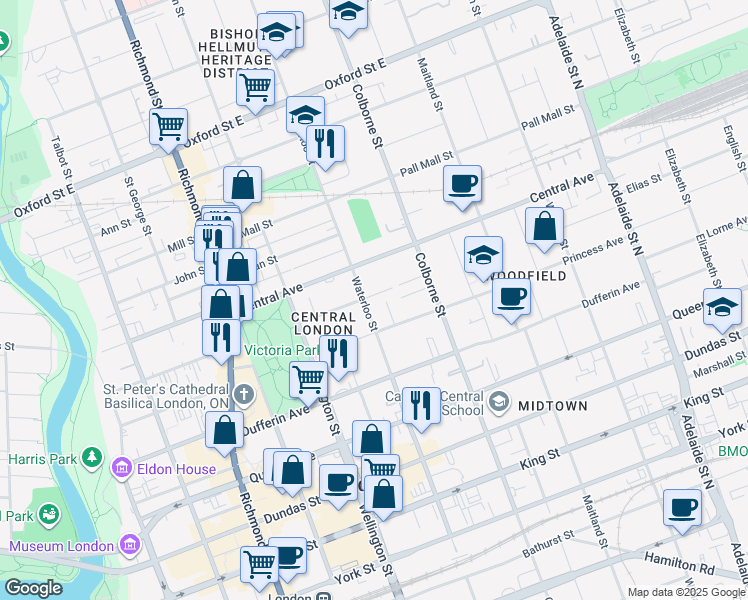 map of restaurants, bars, coffee shops, grocery stores, and more near 552 Waterloo Street in London