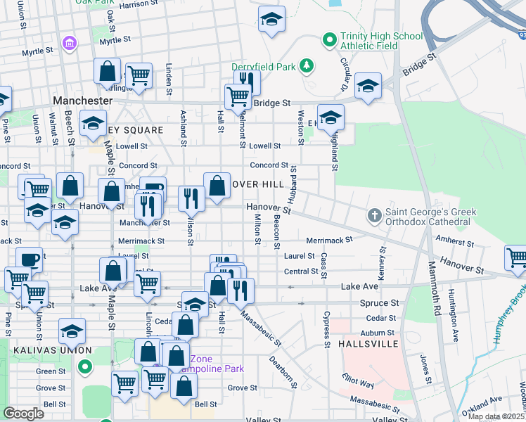 map of restaurants, bars, coffee shops, grocery stores, and more near 511 Manchester Street in Manchester