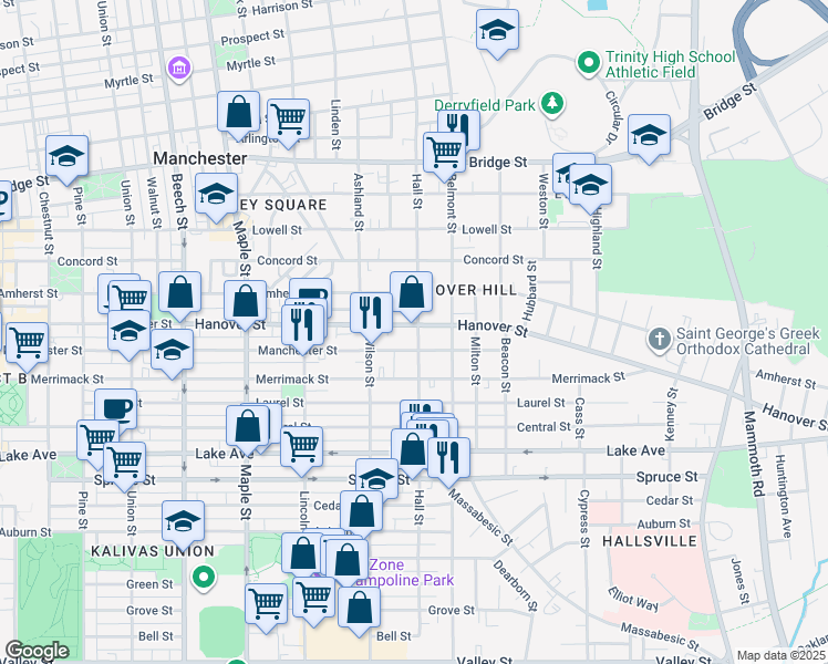 map of restaurants, bars, coffee shops, grocery stores, and more near 451 Manchester Street in Manchester