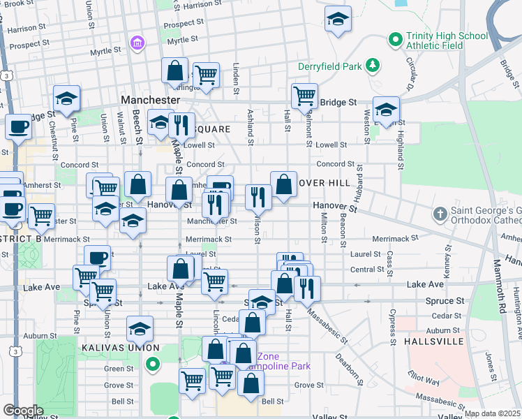 map of restaurants, bars, coffee shops, grocery stores, and more near 427 Manchester Street in Manchester