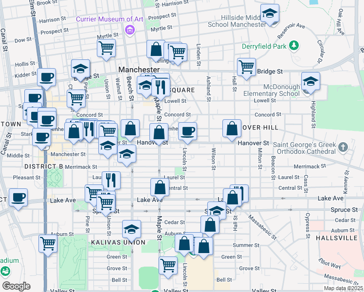 map of restaurants, bars, coffee shops, grocery stores, and more near 516 Lincoln Street in Manchester