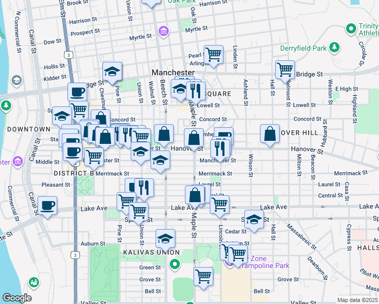 map of restaurants, bars, coffee shops, grocery stores, and more near 313 Manchester Street in Manchester