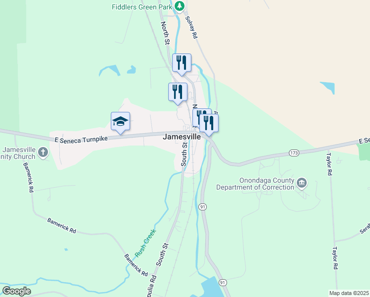 map of restaurants, bars, coffee shops, grocery stores, and more near 4508 South Street in Jamesville