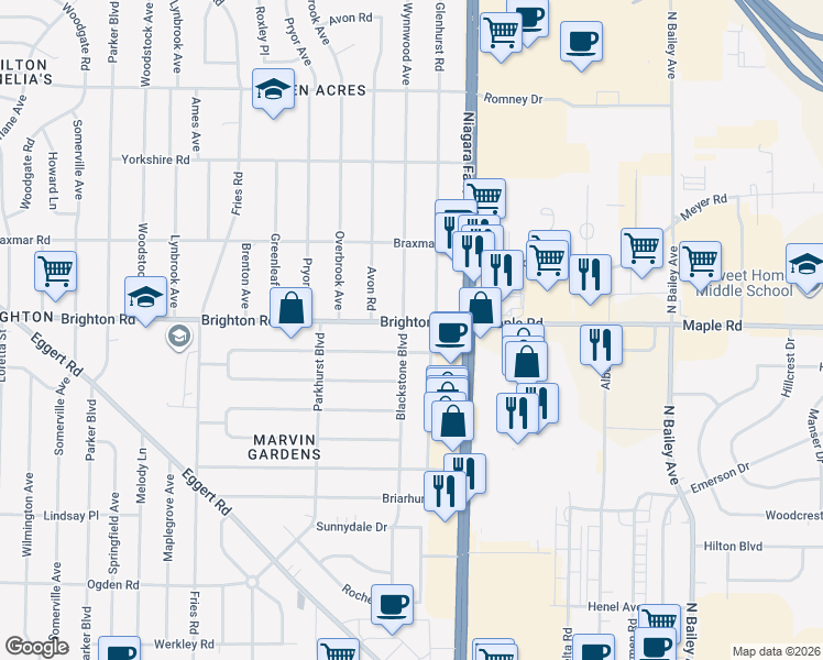 map of restaurants, bars, coffee shops, grocery stores, and more near 331 Wrexham Court North in Tonawanda