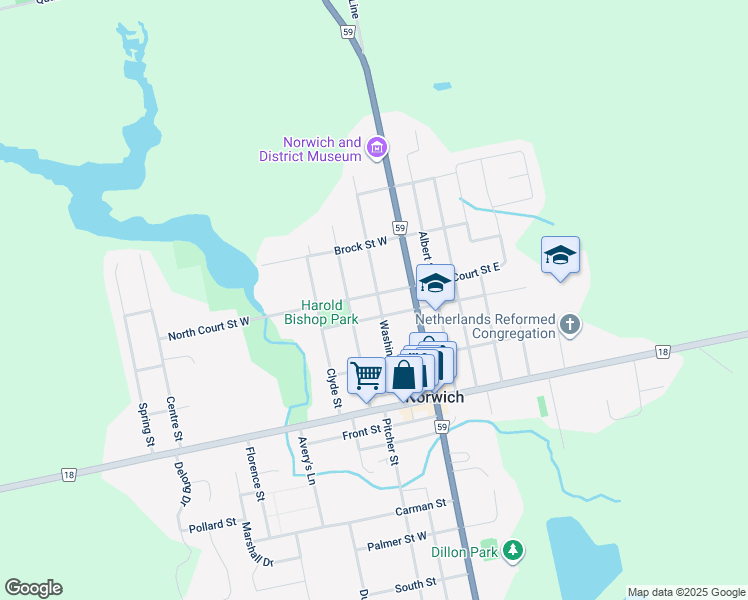 map of restaurants, bars, coffee shops, grocery stores, and more near 19 Washington Street in Norwich