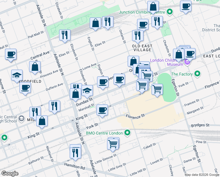 map of restaurants, bars, coffee shops, grocery stores, and more near 396 Hewitt Street in London
