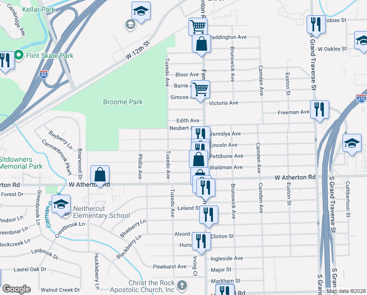 map of restaurants, bars, coffee shops, grocery stores, and more near 1122 Pettibone Avenue in Flint