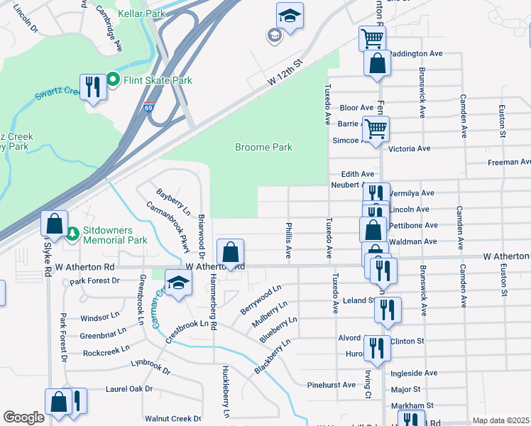 map of restaurants, bars, coffee shops, grocery stores, and more near 1502 Pettibone Avenue in Flint