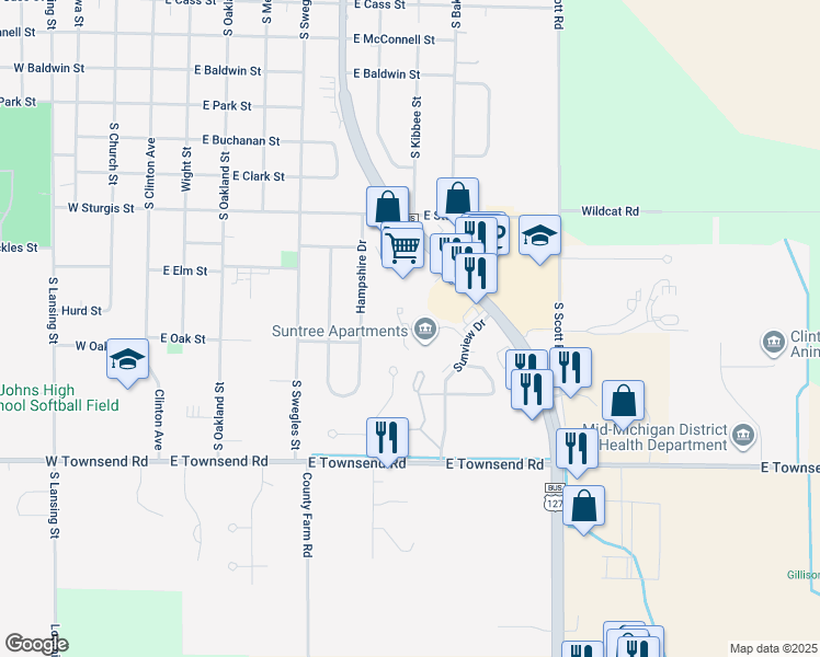 map of restaurants, bars, coffee shops, grocery stores, and more near 1200 Glastonbury Drive in Saint Johns