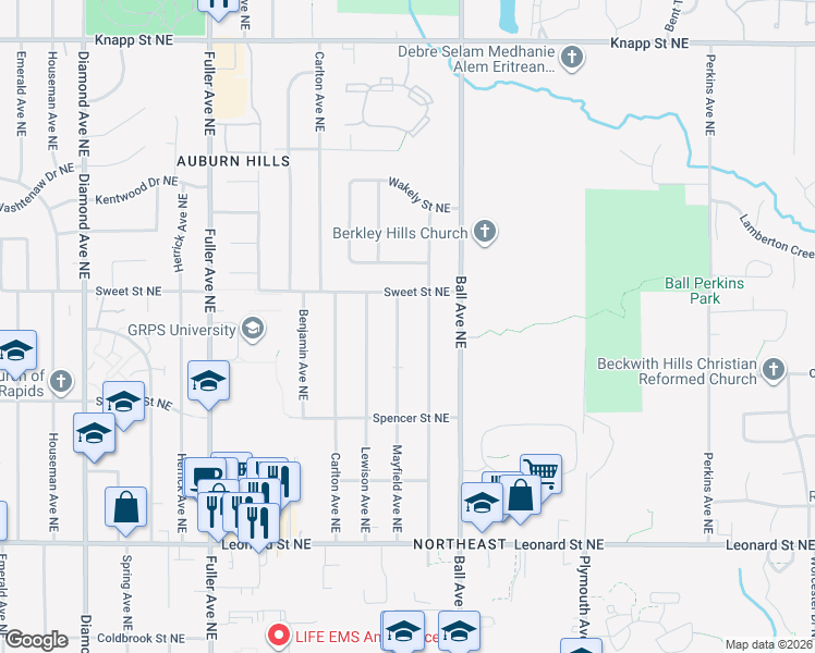 map of restaurants, bars, coffee shops, grocery stores, and more near 1504 Mayfield Avenue Northeast in Grand Rapids