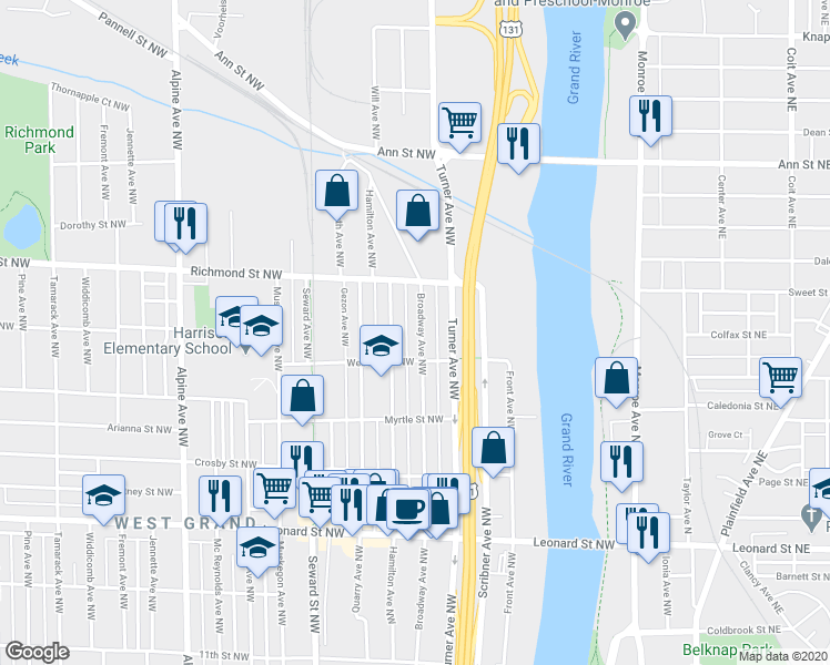 map of restaurants, bars, coffee shops, grocery stores, and more near 417 Webster Street Northwest in Grand Rapids