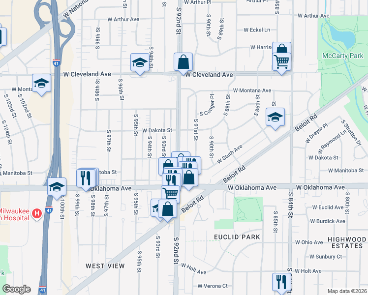 map of restaurants, bars, coffee shops, grocery stores, and more near 3001 South 92nd Street in West Allis