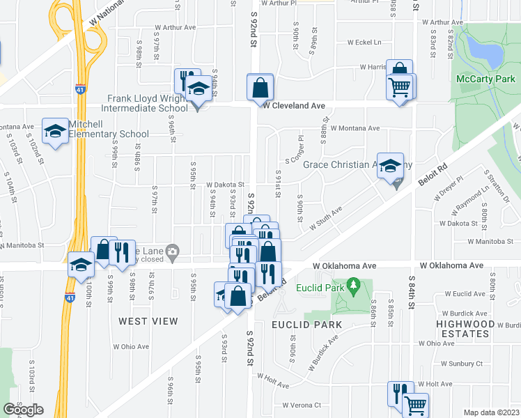 map of restaurants, bars, coffee shops, grocery stores, and more near 3001 South 92nd Street in West Allis