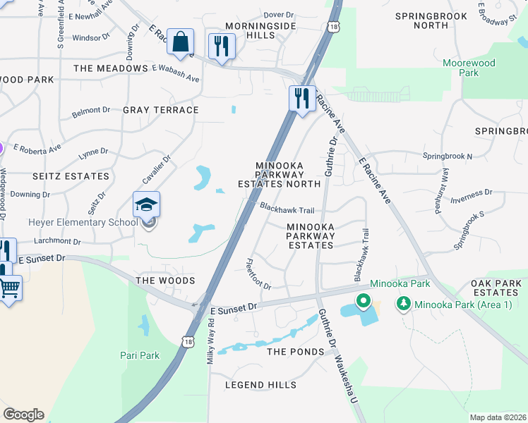 map of restaurants, bars, coffee shops, grocery stores, and more near 1212 Fleetfoot Drive in Waukesha