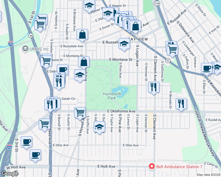 map of restaurants, bars, coffee shops, grocery stores, and more near Park Road in Milwaukee