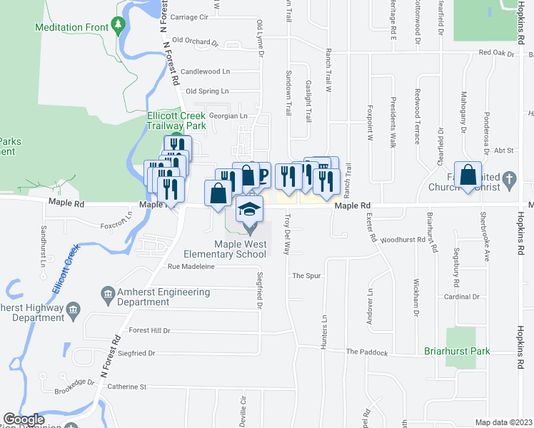 map of restaurants, bars, coffee shops, grocery stores, and more near 875 Maple Road in Buffalo