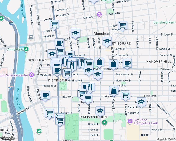 map of restaurants, bars, coffee shops, grocery stores, and more near 235 Hanover Street in Manchester