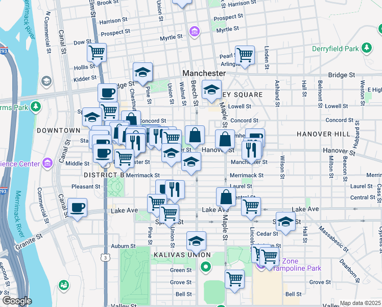 map of restaurants, bars, coffee shops, grocery stores, and more near 269 Hanover Street in Manchester