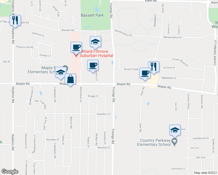 map of restaurants, bars, coffee shops, grocery stores, and more near 1689 Maple Road in Buffalo