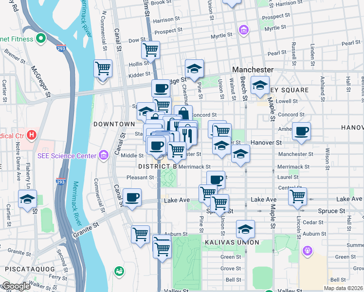 map of restaurants, bars, coffee shops, grocery stores, and more near 99 Hanover Street in Manchester