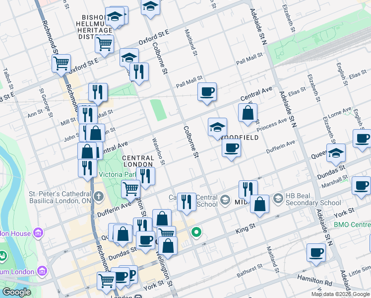 map of restaurants, bars, coffee shops, grocery stores, and more near in London