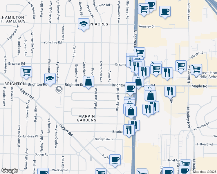 map of restaurants, bars, coffee shops, grocery stores, and more near 192 Wrexham Court in Tonawanda