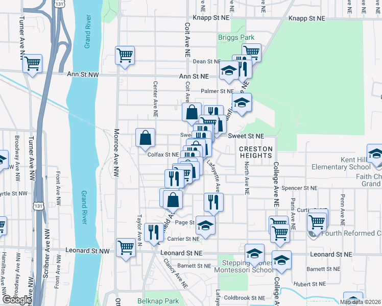 map of restaurants, bars, coffee shops, grocery stores, and more near 1550 Coit Avenue Northeast in Grand Rapids