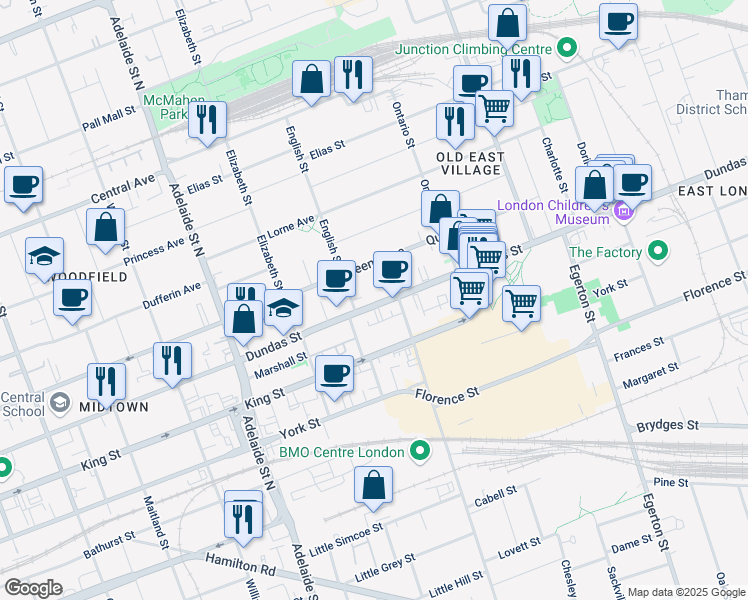 map of restaurants, bars, coffee shops, grocery stores, and more near 809 Dundas Street in London