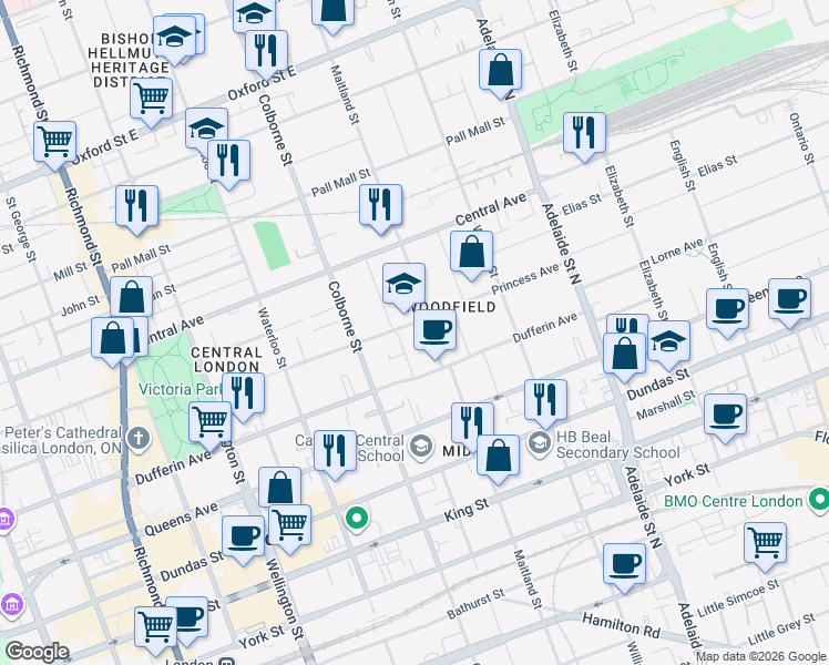 map of restaurants, bars, coffee shops, grocery stores, and more near 455 Princess Avenue in London