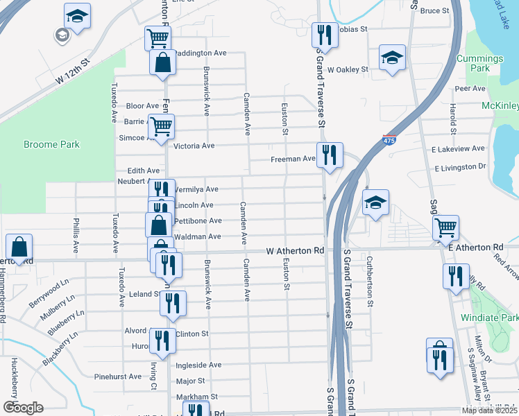 map of restaurants, bars, coffee shops, grocery stores, and more near 735 Lincoln Avenue in Flint