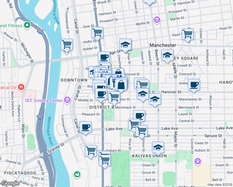 map of restaurants, bars, coffee shops, grocery stores, and more near 35 Amherst Street in Manchester