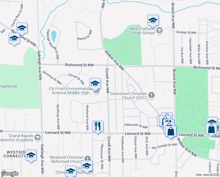 map of restaurants, bars, coffee shops, grocery stores, and more near 1504 Covell Avenue Northwest in Grand Rapids