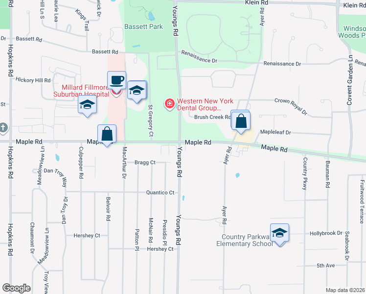 map of restaurants, bars, coffee shops, grocery stores, and more near 1691 Maple Road in Buffalo