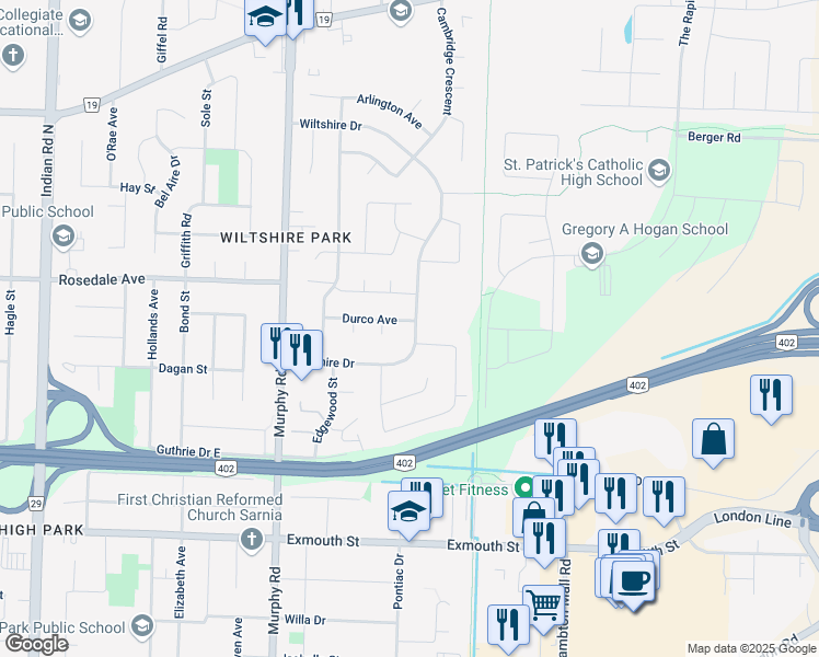 map of restaurants, bars, coffee shops, grocery stores, and more near 1299 Wiltshire Drive in Sarnia