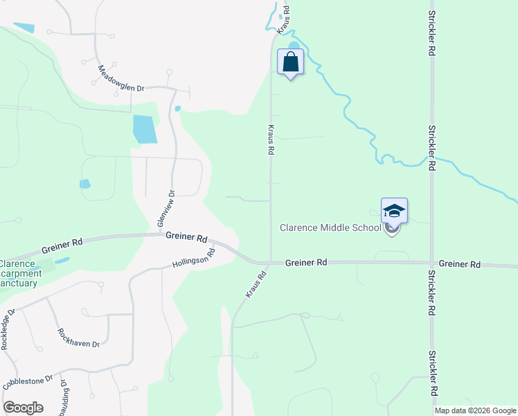 map of restaurants, bars, coffee shops, grocery stores, and more near 5400 Kraus Road in Clarence