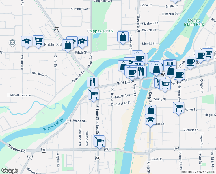 map of restaurants, bars, coffee shops, grocery stores, and more near 209 West Main Street in Welland