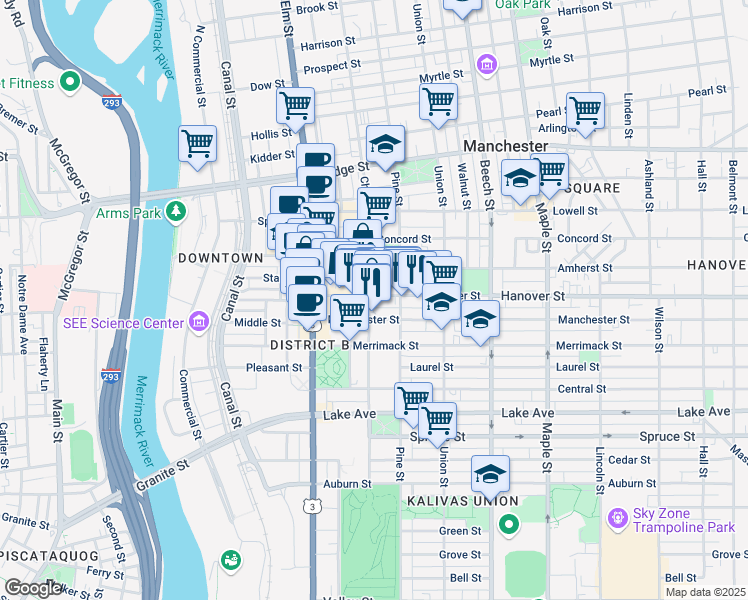 map of restaurants, bars, coffee shops, grocery stores, and more near 156 Hanover Street in Manchester