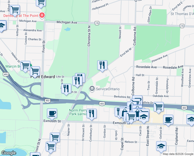 map of restaurants, bars, coffee shops, grocery stores, and more near 495 Errol Road West in Sarnia
