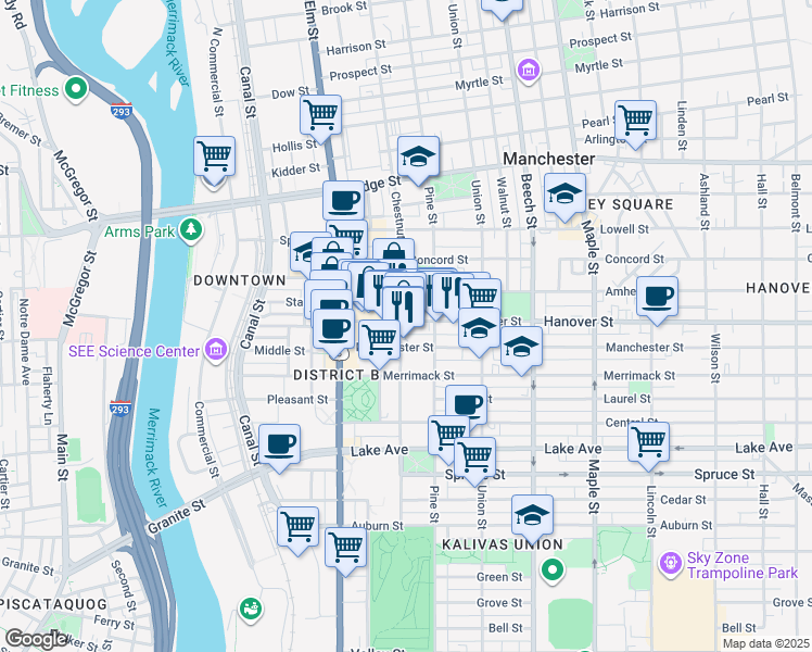 map of restaurants, bars, coffee shops, grocery stores, and more near 156 Hanover Street in Manchester