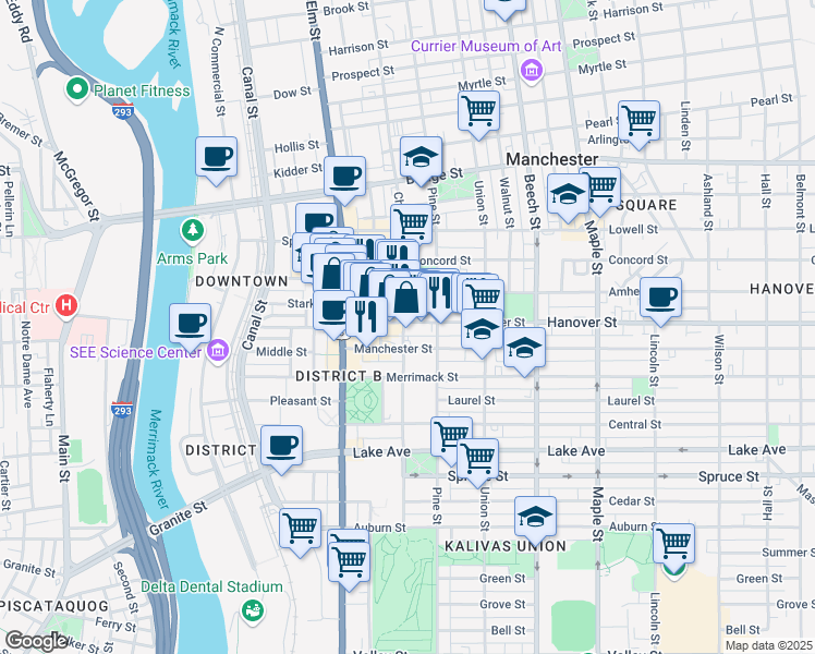 map of restaurants, bars, coffee shops, grocery stores, and more near 156 Hanover Street in Manchester