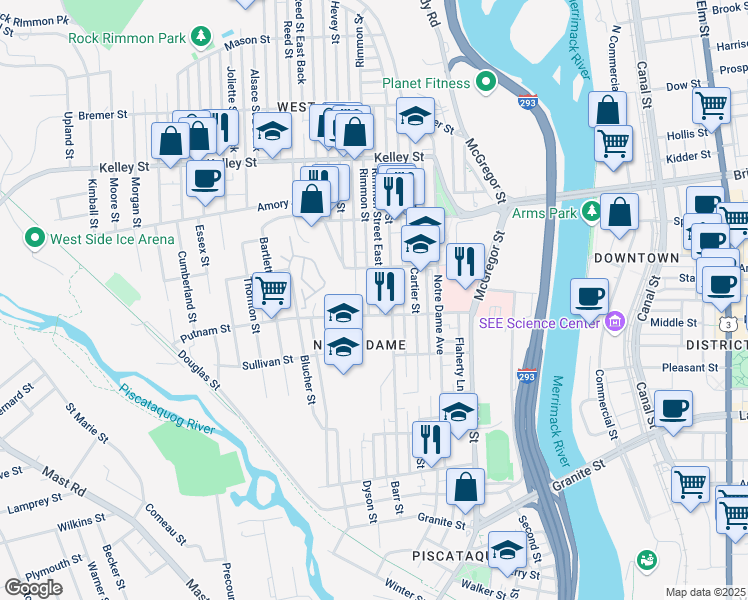 map of restaurants, bars, coffee shops, grocery stores, and more near 320 Dubuque Street in Manchester