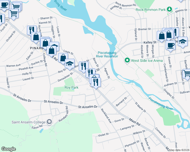 map of restaurants, bars, coffee shops, grocery stores, and more near 19 Pinard Street in Manchester