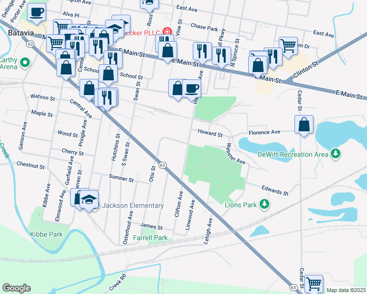 map of restaurants, bars, coffee shops, grocery stores, and more near 14 Colorado Avenue in Batavia