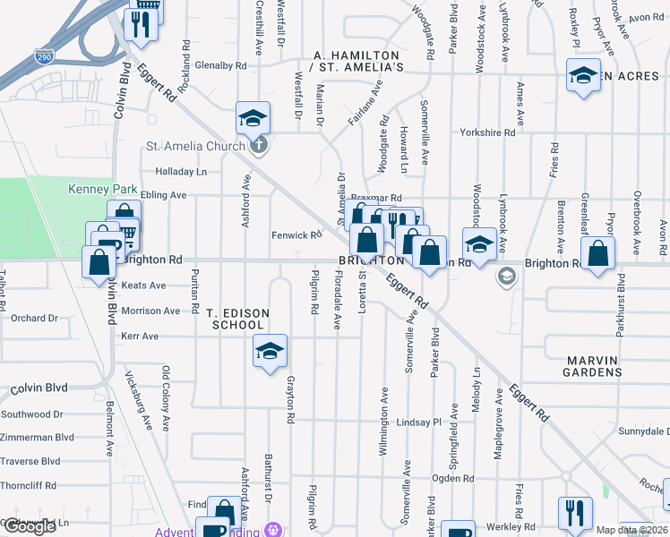 map of restaurants, bars, coffee shops, grocery stores, and more near 2840 Eggert Road in Tonawanda