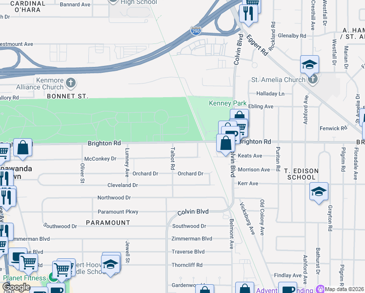 map of restaurants, bars, coffee shops, grocery stores, and more near 453 Brighton Road in Tonawanda