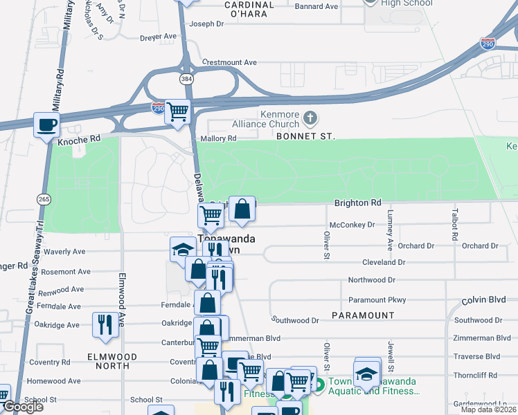 map of restaurants, bars, coffee shops, grocery stores, and more near 89 Brighton Road in Tonawanda