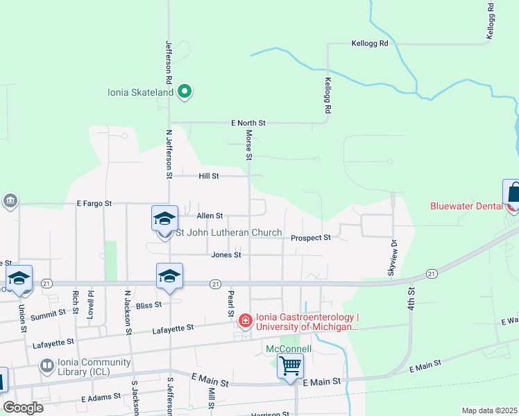 map of restaurants, bars, coffee shops, grocery stores, and more near 630 Johnson Street in Ionia