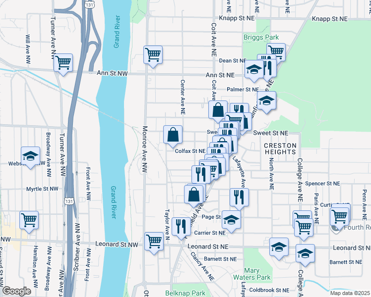 map of restaurants, bars, coffee shops, grocery stores, and more near 1571 Queen Avenue Northeast in Grand Rapids
