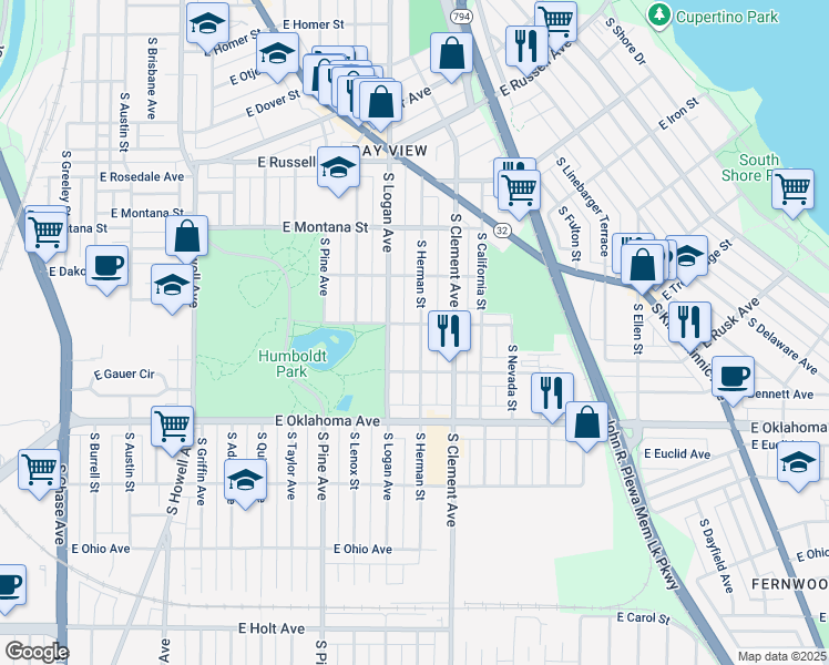 map of restaurants, bars, coffee shops, grocery stores, and more near 2930 South Herman Street in Milwaukee
