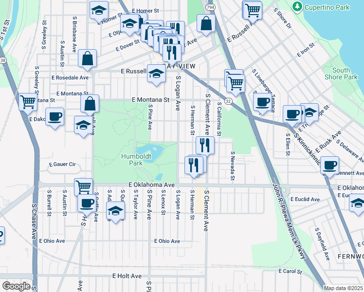 map of restaurants, bars, coffee shops, grocery stores, and more near 2933 South Logan Avenue in Milwaukee